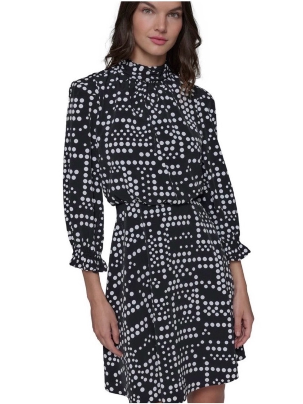 Karl Lagerfeld Black Dress with White Polka Dot Print, Long Sleeve